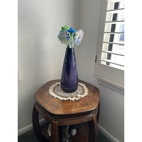 Bouquet Of Murano Hand Blown Long Stem Glass Flowers In A Purple Glass Vase - Picture 5 of 11